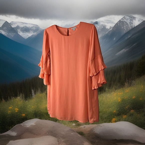 XL Cato Charming Peach Fully Lined To The Knee Dress Double Layer Bell Sleeves - Picture 3 of 8